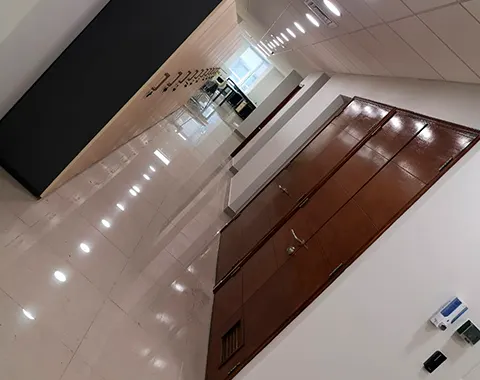 Hall de acceso con puertas de madera y pavimento pulido